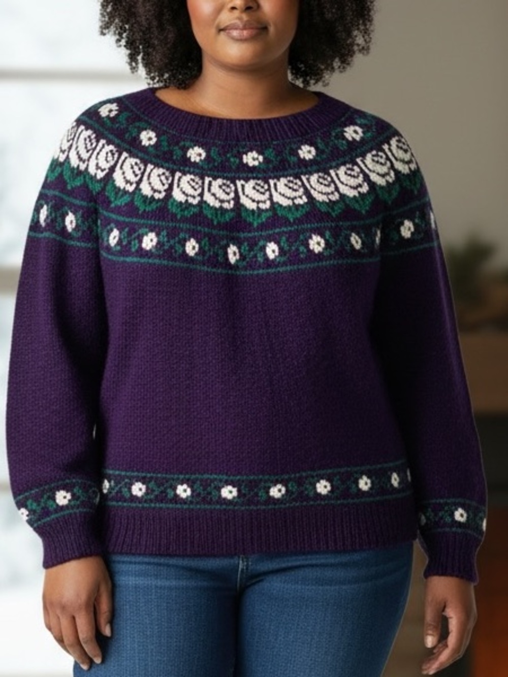 Hand Knit Purple & Green Fair Isle Crew Neck Coastal Wool Blend Sweater Sz XL